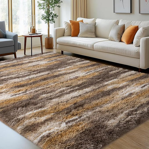 9x12 Fluffy Shag Area Rugs, Ultra Soft Non-Slip Abstract Brown Plush Carpet by WISHTREE