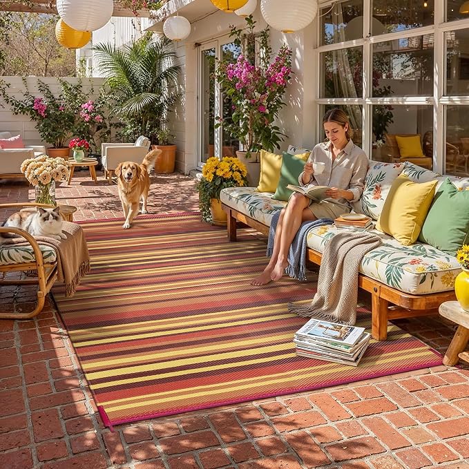Outdoor Plastic Straw Rug Waterproof Patio 8x10 Red Orange Stripe Mat - Image 3