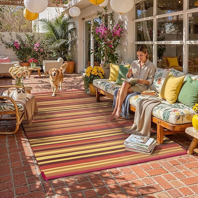 Outdoor Plastic Straw Rug Waterproof Patio 10x14 Red Orange Stripe Mat - Image 2