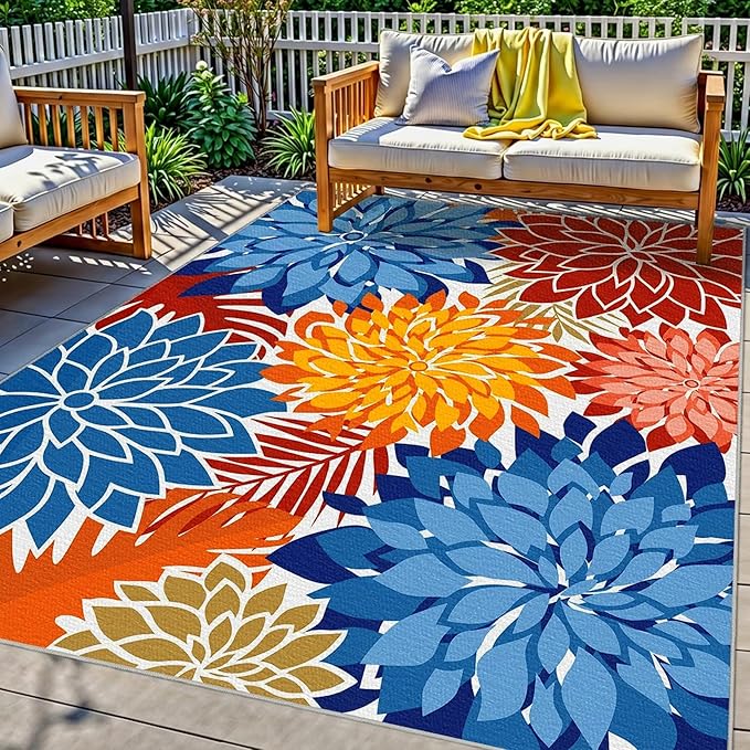 Colorful 9x12 Outdoor Area Rug Washable Multicolored Patio Rug Tropical by ArenaRug