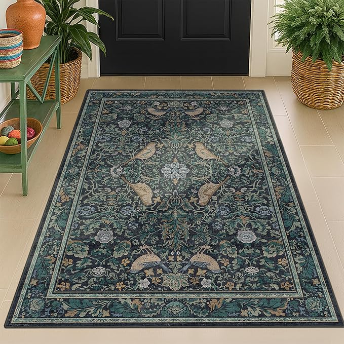 Vintage Large Entryway Rugs Indoor, 3x5 Washable Blue and Green Floral Rugs - Image 6