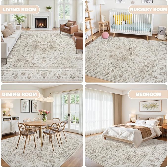 5x7 Area Rugs for Living Room:Beige Washable Vintage Medallion Carpet Non-Slip - Image 6