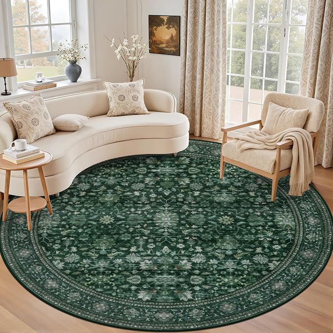 Round Area Rug for Living Room: 4 ft Washable Vintage Boho Soft Thin Circle Rug by EXPEDIX