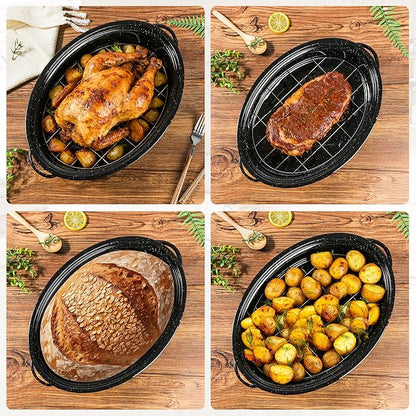 15” Roaster Pan with Lid and Rack, Small Enamel Roaster Pan with Oval Roasting - Image 6