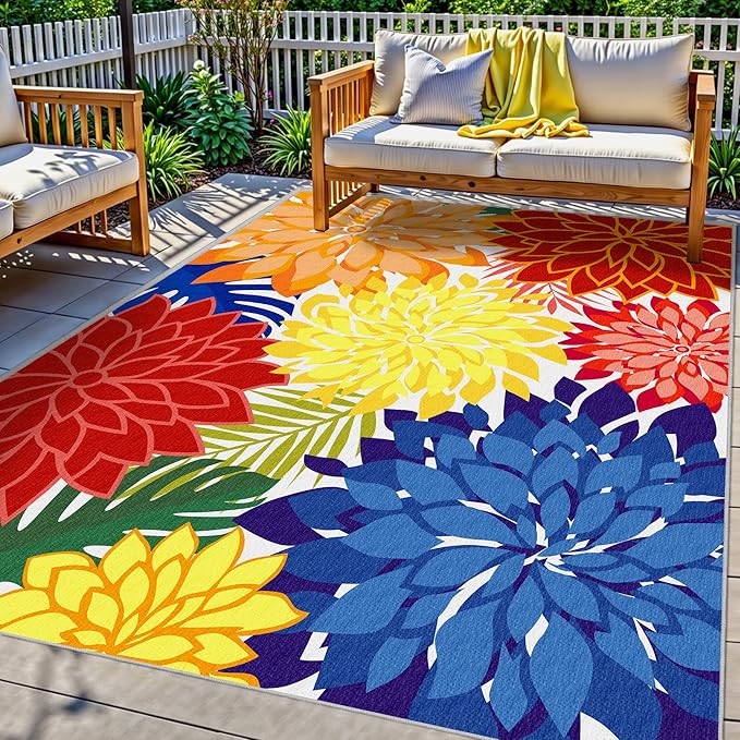 Colorful 6x9 Outdoor Area Rug Washable Multicolored Patio Rug Tropical by ArenaRug