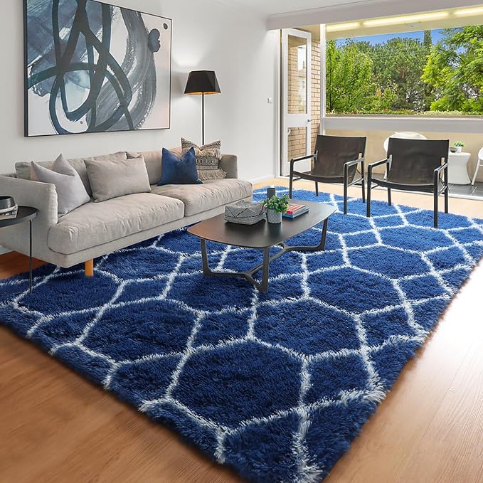 ONASAR 5x7 Area Rugs for Living Room Bedroom, Fluffy Navy Blue and White Throw - Image 8
