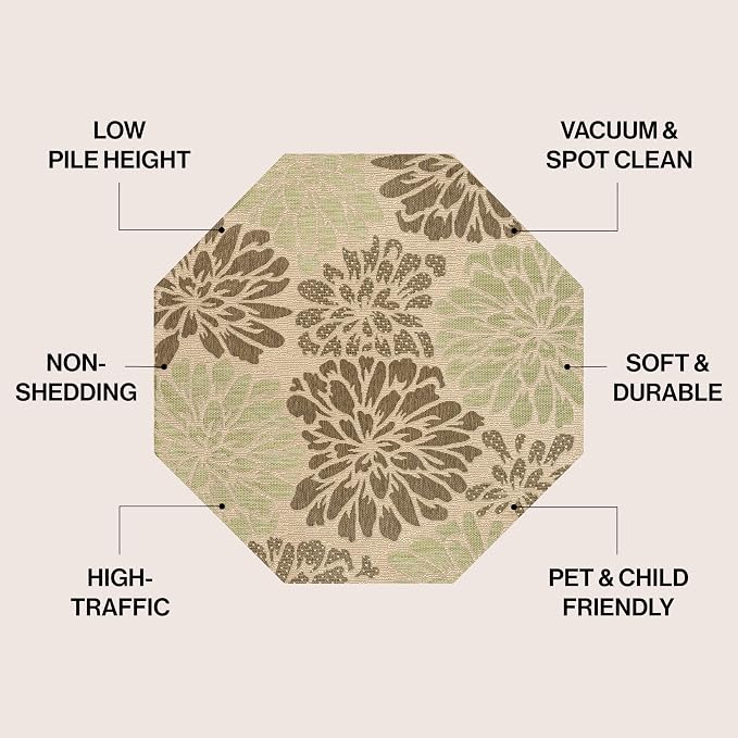 JONATHAN Y Floral Textured Weave Indoor Outdoor Octagon Area Rug 5 Ft Sage/Brown - Image 2