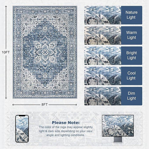 8x10 Area Rugs for Living Room: Washable Rug Soft Vintage Boho Medallion Carpet - Image 2