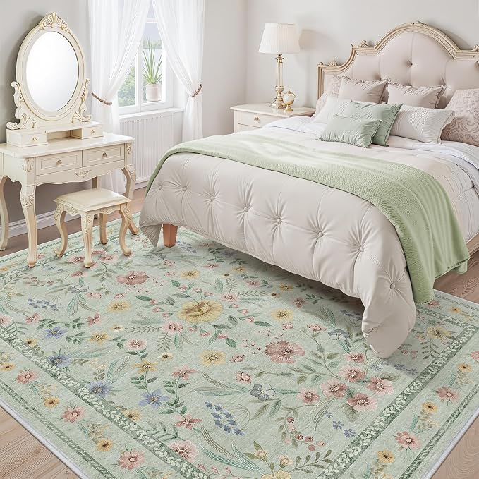 Green Washable Floral Rugs 7x9 Large Vintage Boho Non-Slip Living Room Carpet - Image 6