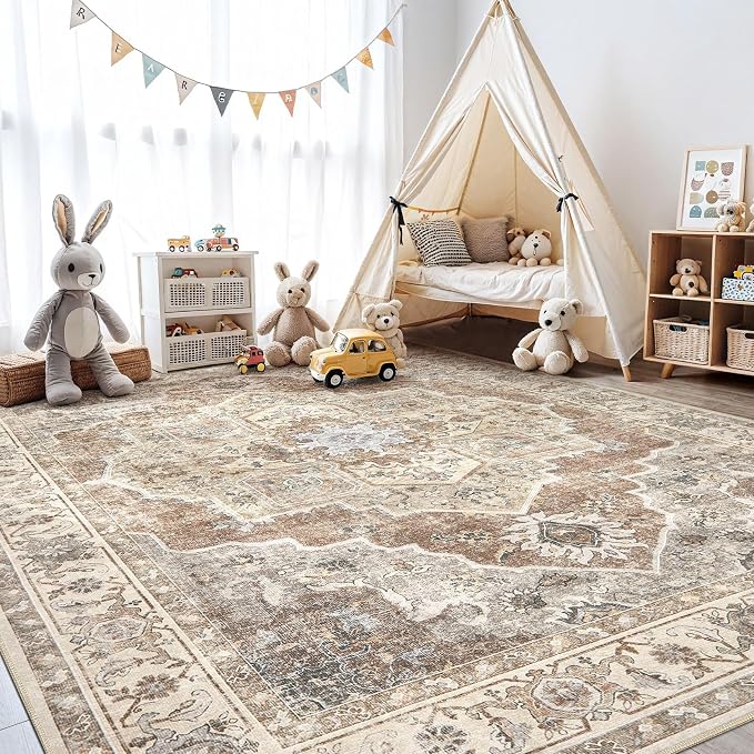 10x12 Washable Area Rug: Vintage Neutral Soft Non Slip Thin Large Floor Carpet - Image 8