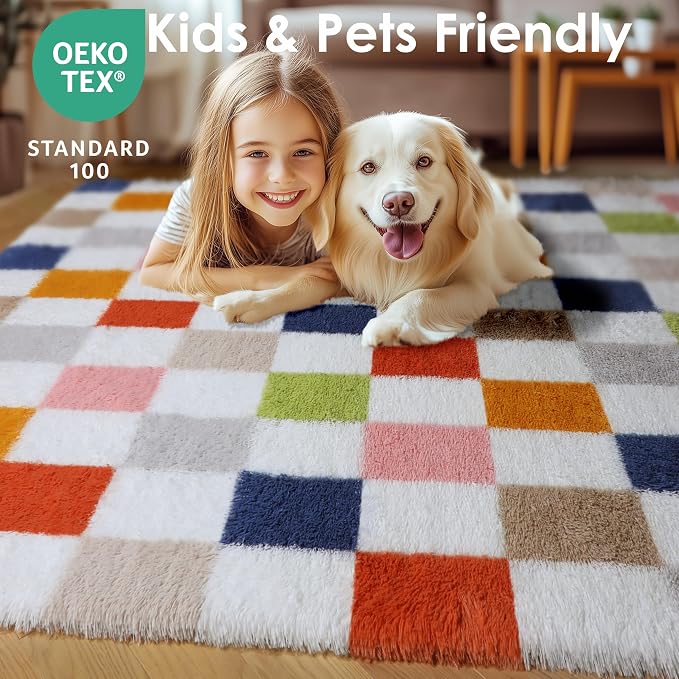 KICMOR Large Area Rugs 8x10 for Living Room, Fluffy Soft Rainbow Checkered Shag - Image 8