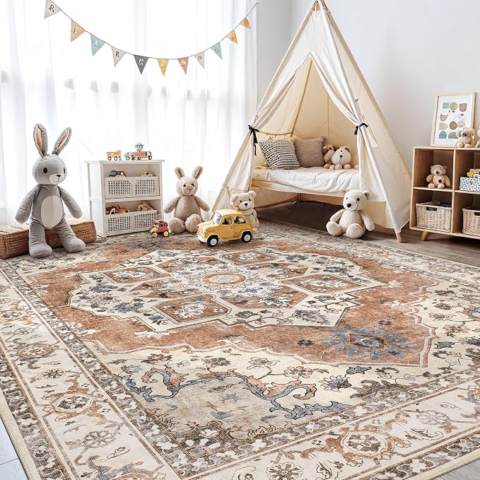 9x12 Washable Area Rug: Vintage Neutral Soft Non Slip Thin Large Floor Carpet - Image 8