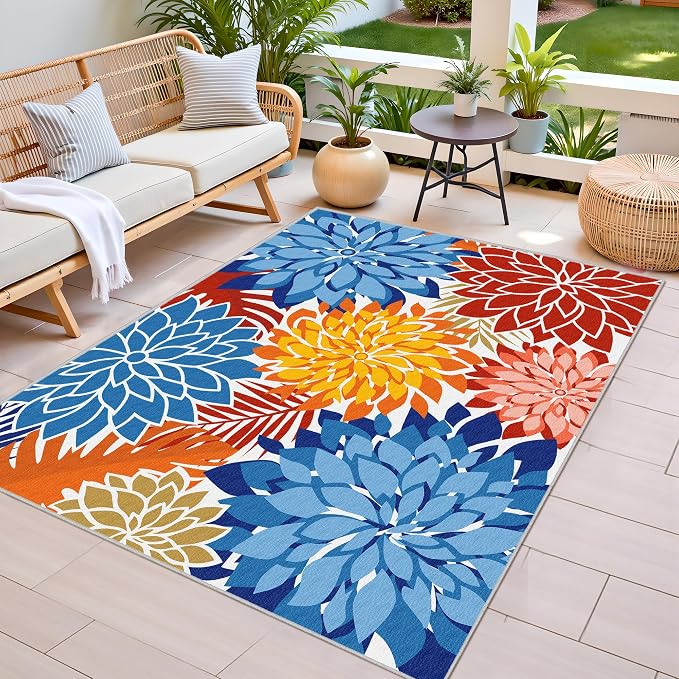 Colorful 5x8 Outdoor Area Rug Washable Multicolored Patio Rug Tropical - Image 4