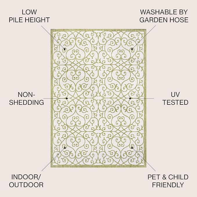 JONATHAN Y Vintage Filigree Indoor Outdoor Area Rug 4X6 Green/Cream, Madrid - Image 3