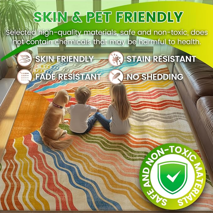 Washable 8x10 Sun Area Rug for Living Room, Rainbow Sun Modern Retro Large Area - Image 5