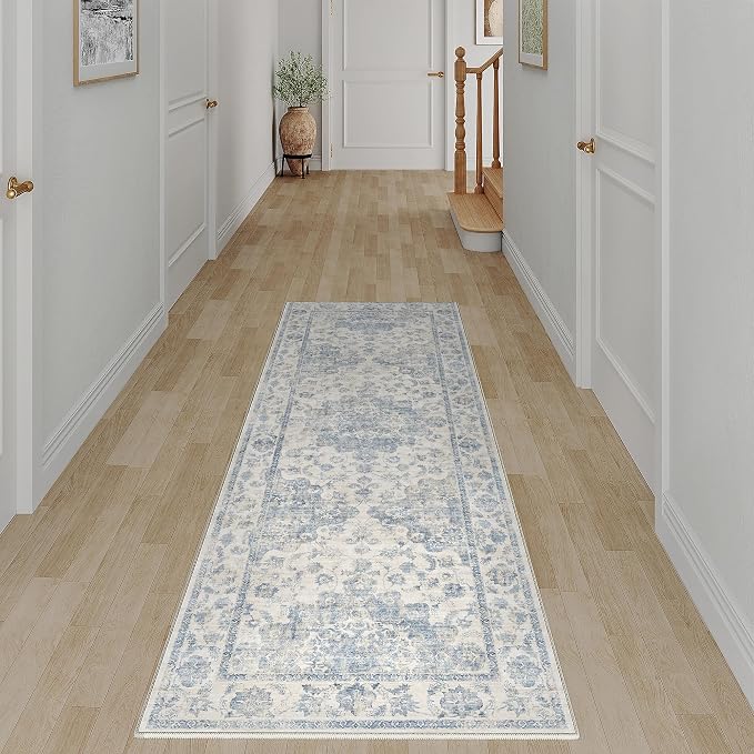 2x6 Washable Neutral Runner Rug Blue Vintage Hallway Kitchen Carpet Non-Slip by WondRg