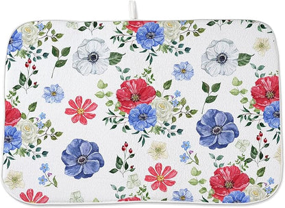 Blue Red Floral Dish Drying Mats 18x24 Inch Independence Day Flower Drying Mats by OFIRD
