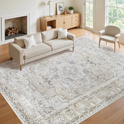 8x10 Area Rugs for Living Room:Beige Washable Vintage Medallion Carpet Non-Slip by Unknown