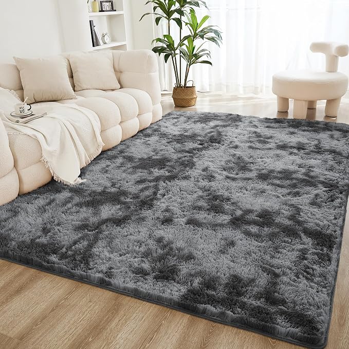 Litanika 8x10 Shag Area Rug for Living Room Bedroom, Tie-Dyed Dark Grey High by Litanika
