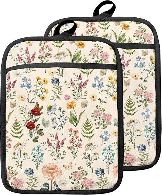 Beige Floral Botanical Pot Holders by Unknown
