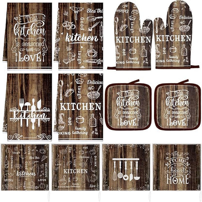 12 Pcs Farmhouse Kitchen Oven Mitts and Pot Holders Decor Sets 4 Wood Kitchen by Bencailor