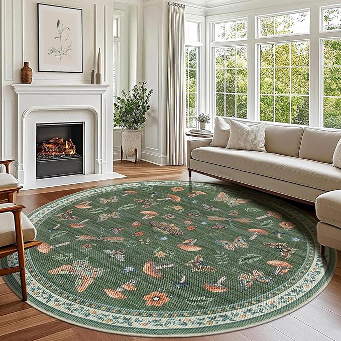 Mushroom Insect 8ft Round Rug Washable Non-Slip Soft Ultra-Thin Large Boho by ROYHOME