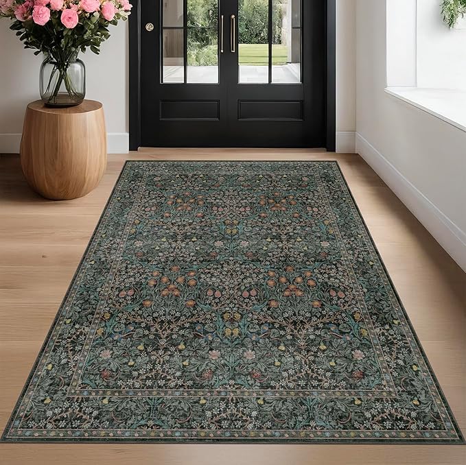Washable Vintage 5x8 Living Room Rug, Dark Green Floral Area Rug - Image 10
