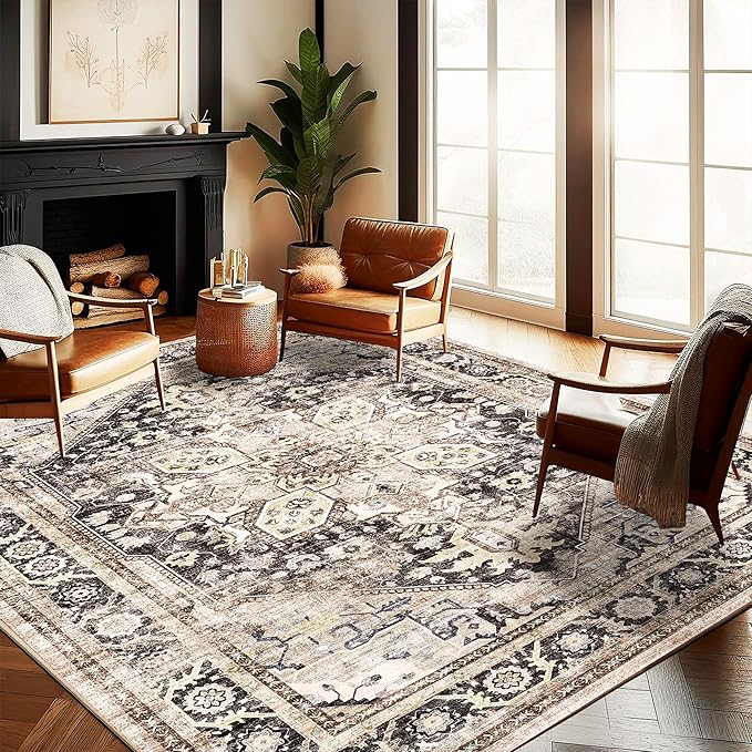 CHAMPLANT Washable Area Rug 10'x14' Black-Purple Khaki Retro Flowers Boho by CHAMPLANT