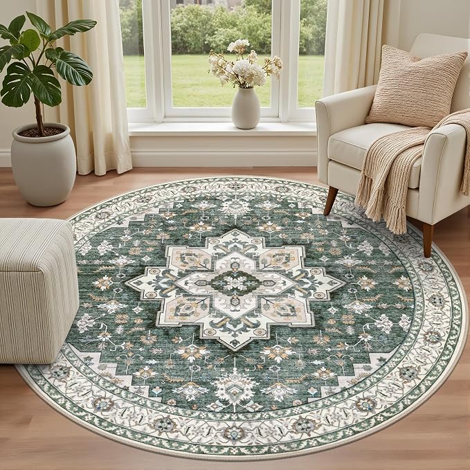 Round Area Rug for Living Room: 8 ft Washable Vintage Boho Soft Thin Circle Rug - Image 2