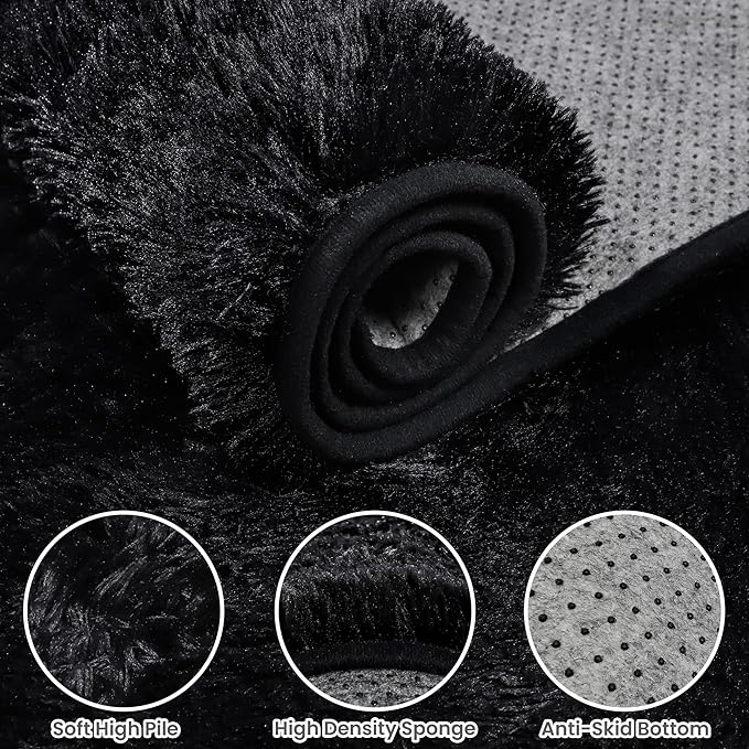 2x6 Bedside Area Rugs for Bedroom: Soft Fluffy Shag Black Rug for Hallway - Image 5