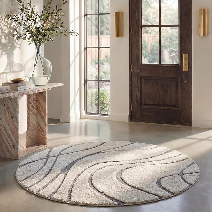 SAFAVIEH Florida Shag Collection 9' Round Cream/Grey SG471 Abstract Wave by Unknown