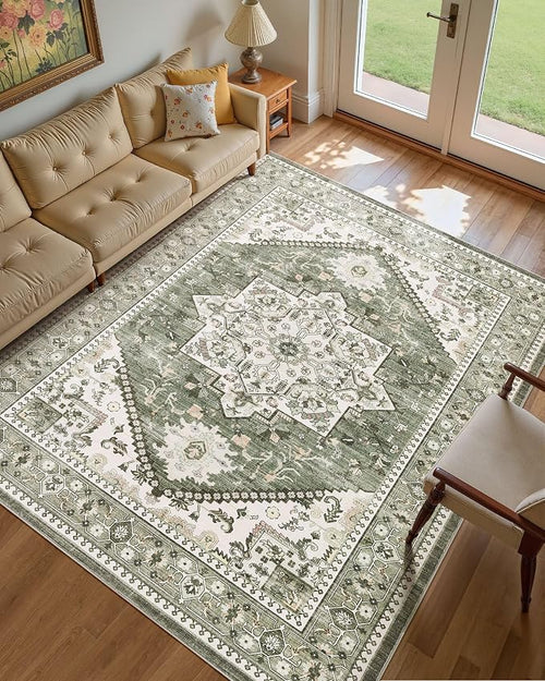 9x12 Vintage Area Rug: Washable Neutral Soft Non Slip Thin Large Floor Carpet by MICGEEK