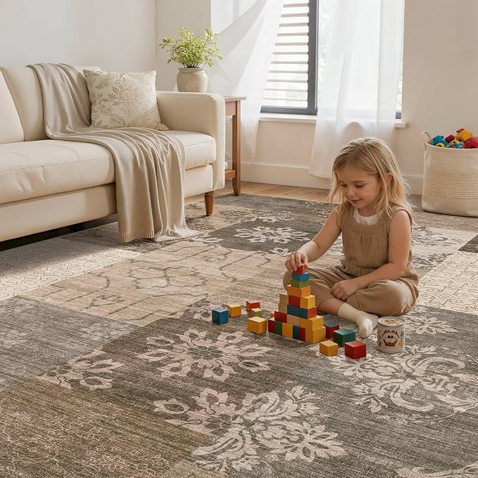 UERMEI 5x7 Area Rug for Living Room, Washable Brown Modern Geometric Patchwork - Image 5