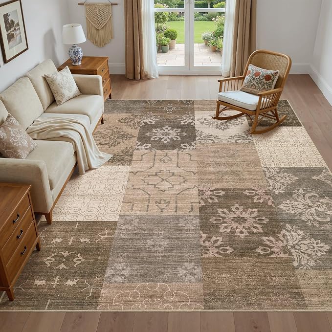 UERMEI 8x10 Area Rug for Living Room, Washable Brown Modern Geometric Patchwork - Image 7