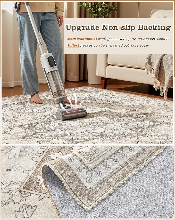 8x10 Vintage Area Rug: Washable Neutral Soft Non Slip Thin Large Floor Carpet - Image 5