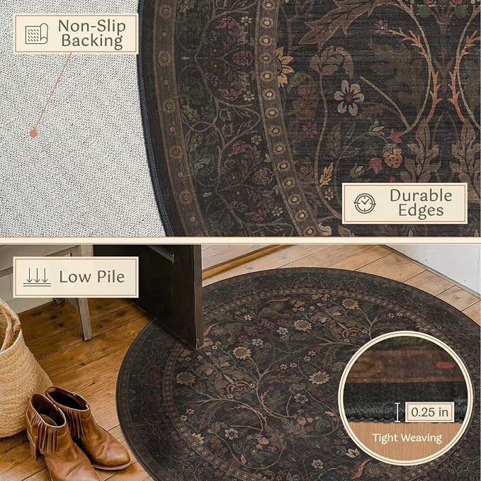 5ft Round Small Living Room Area Rug Washable, Moody Cottagecore Floral Circle - Image 4