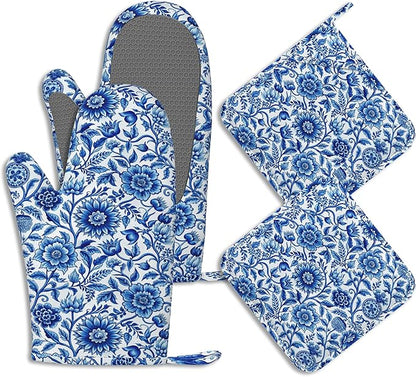 Oven Mitts and Pot Holders Sets Blue White Floral Silicone Kitchen Mits by BIGXIUKA