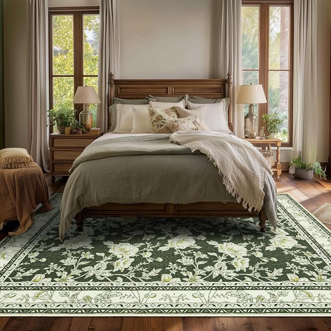 Olive Green Area Rugs 6x9 Living Room Washable Boho Vintage Sketch Floral Cream - Image 3