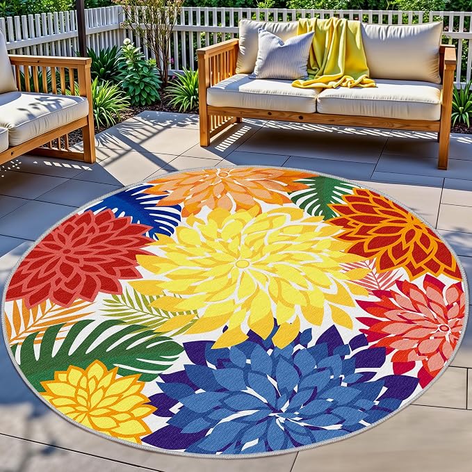 Colorful 6FT Outdoor Round Area Rug Washable Rugs Multicolored Patio Rug by ArenaRug
