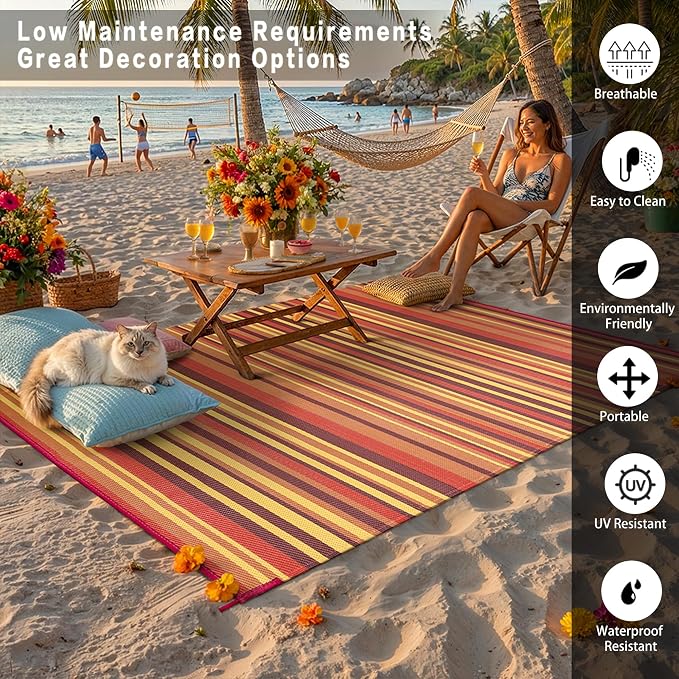 Outdoor Plastic Straw Rug Waterproof Patio 4x6 Red Orange Stripe Mat - Image 4