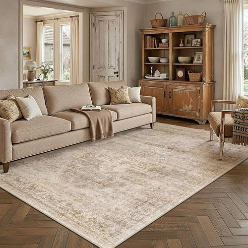 6x9 Washable Neutral Area Rug Beige Vintage Living Room Bedroom Carpet Non-Slip by WondRg