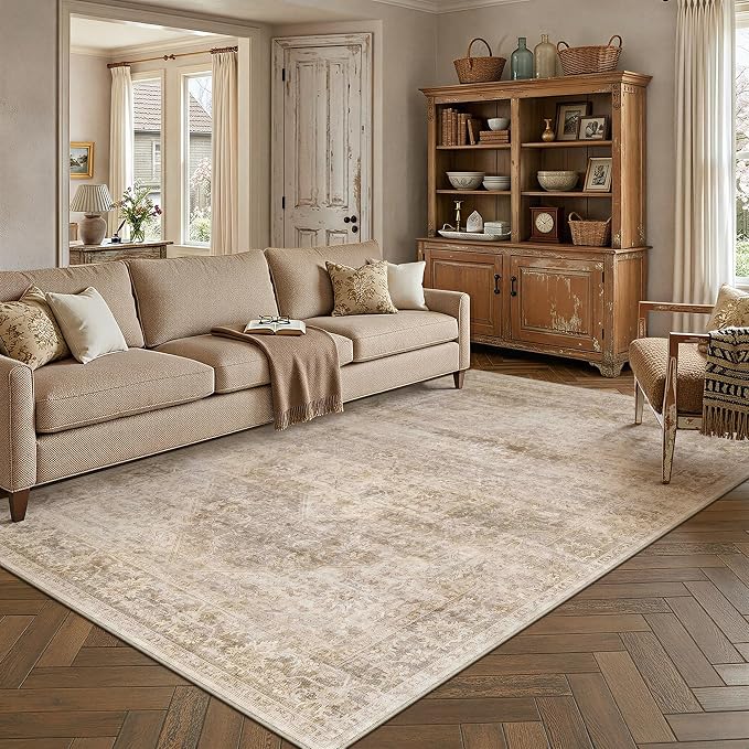 5x7 Washable Neutral Area Rug Beige Vintage Living Room Bedroom Carpet Non-Slip by WondRg