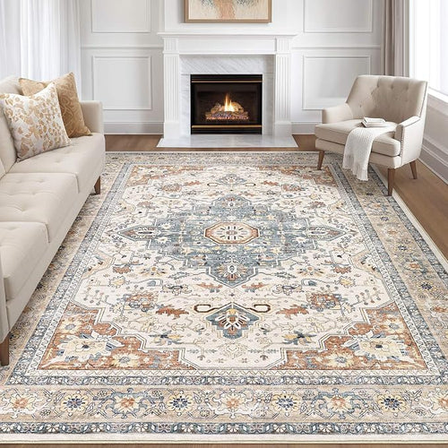 8x10 Area Rugs Living Room: Washable Boho Large Neutral Vintage Soft Rug Stain by LOONGRUG