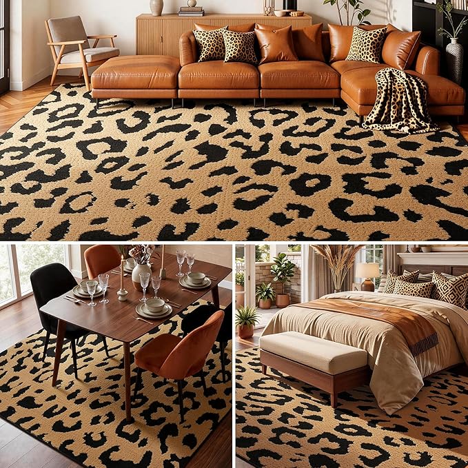 YIHOUSE 8×10 Ft Leopard Area Rugs, Washable High-Low Pile Plush Soft Rug - Image 4