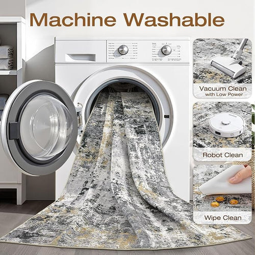 7x9 Area Rug Living Room: Washable Large Abstract Neutral Modern Soft Rug Stain - Image 2
