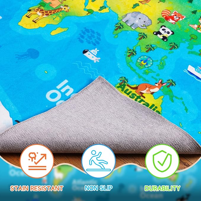 Kids Playroom Rug, 6x6ft Round World Map Play Mat - Image 8