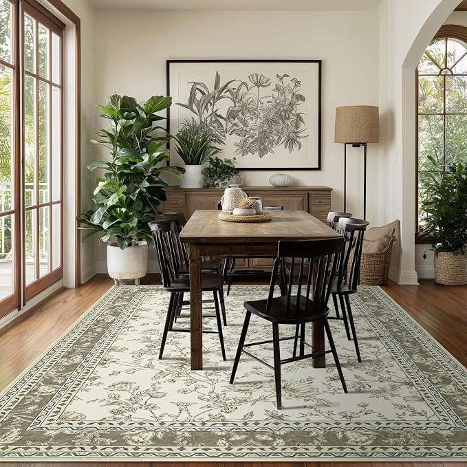 Boho Dining Room Rugs for Under Table 7x9 Washable Taupe Cream Beige Tan Floral - Image 8