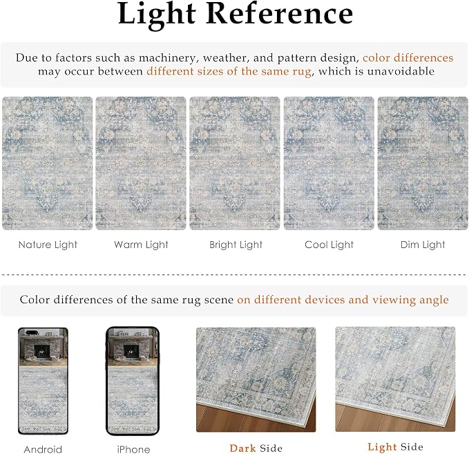 8x10 Washable Neutral Area Rug Blue Vintage Living Room Bedroom Carpet Non-Slip - Image 9