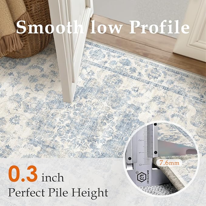 2x10 Washable Neutral Runner Rug Blue Vintage Hallway Kitchen Carpet Non-Slip - Image 8
