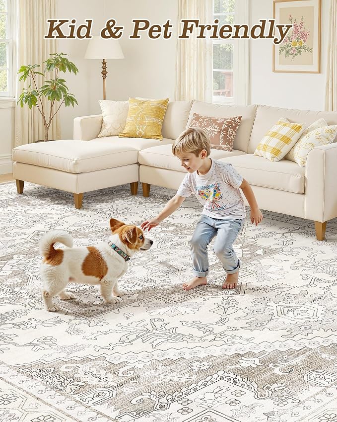 8ft Round Area Rug: Washable Vintage Neutral Soft Non Slip Thin Large Floor - Image 7